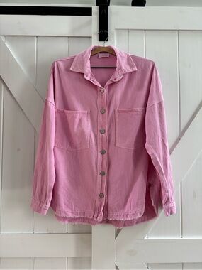 Pink Lily Oversized Denim Pink Button Up Shacket with Boho Frayed Hem